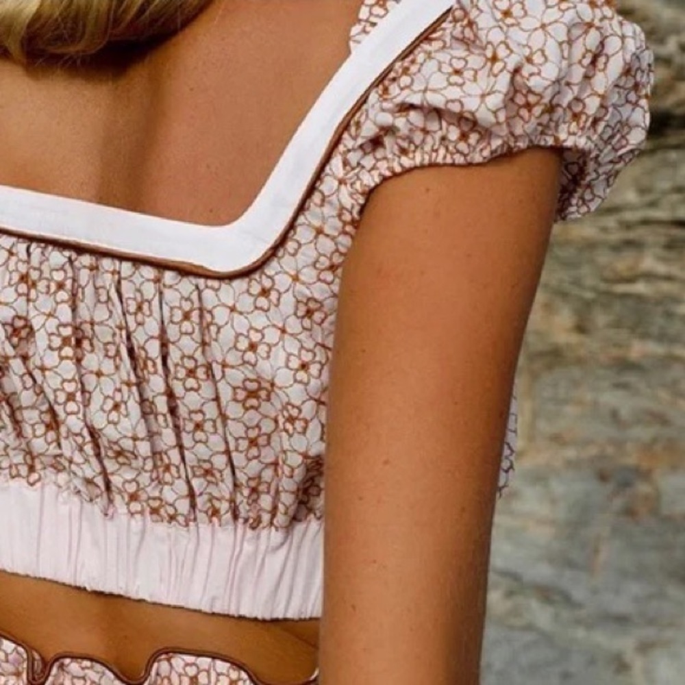 Nwt My Beachy Side Top Cropped Sweet Tart Cap Sleeve Light Pink Eyelet Milkmaid — image 4 of 7